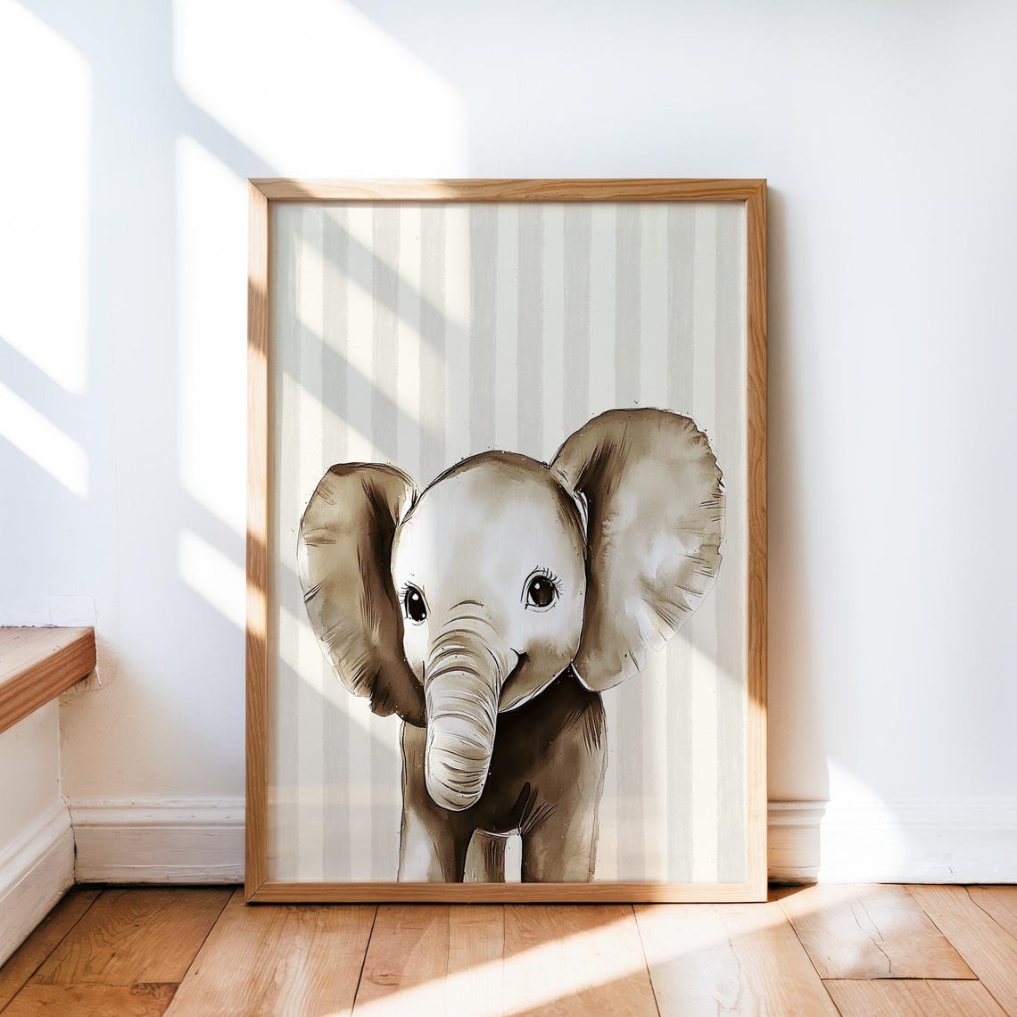 Baby Elephant Sepia Watercolor Portrait Nursery Animal Wall Art