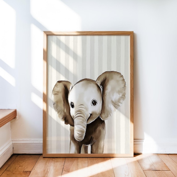 Baby Elephant Sepia Watercolor Portrait Nursery Animal Wall Art