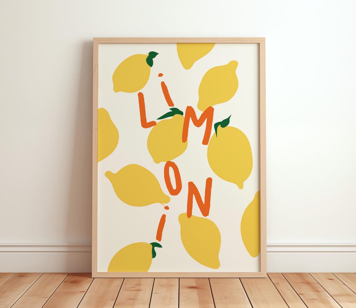 Limoni Yellow Lemon Pattern Orange Typography Kitchen Art Poster