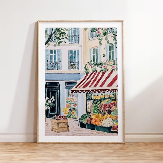 Paris Fruit Market Watercolor Print France Travel Art Charming Home Wall Parisian Street Illustration Cityscape Artwork Cottage