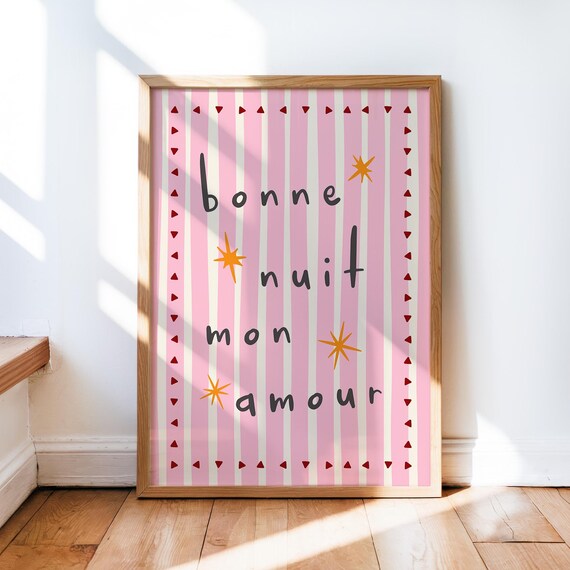 Bonne Nuit Mon Amour Pink Striped French Nursery Quote Art Poster