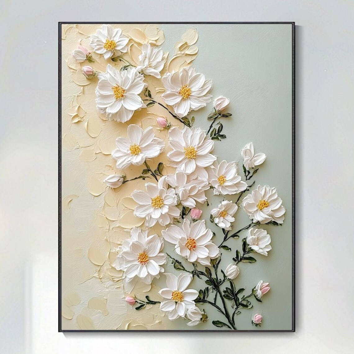 White Cosmos Flowers Cream Sage Background Floral Modern Poster