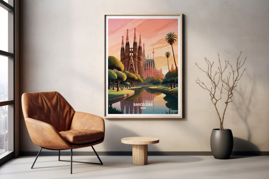 Barcelona Sagrada Familia Sunset Pond Mirror Reflection Poster - Image 2