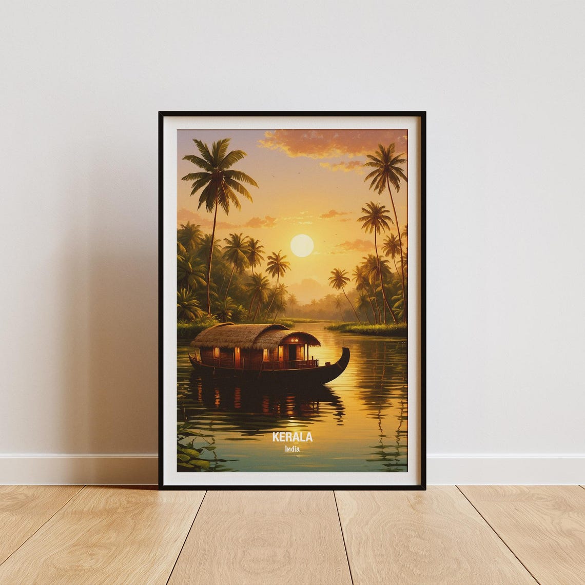 India Kerala Houseboat Backwaters Golden Sunset Palm Trees Poster