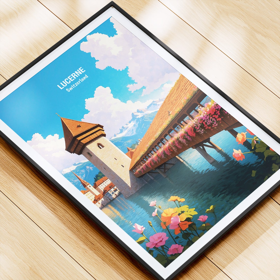 Lucerne Switzerland Chapel Bridge Flower Boxes River Alps Poster - Image 4