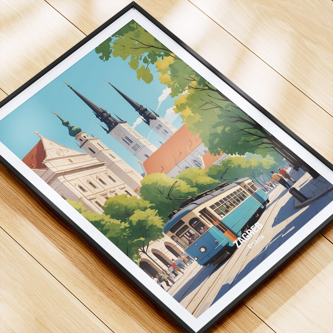 Zagreb Croatia Vintage Blue Tram Cathedral Square Daytime Poster - Image 4