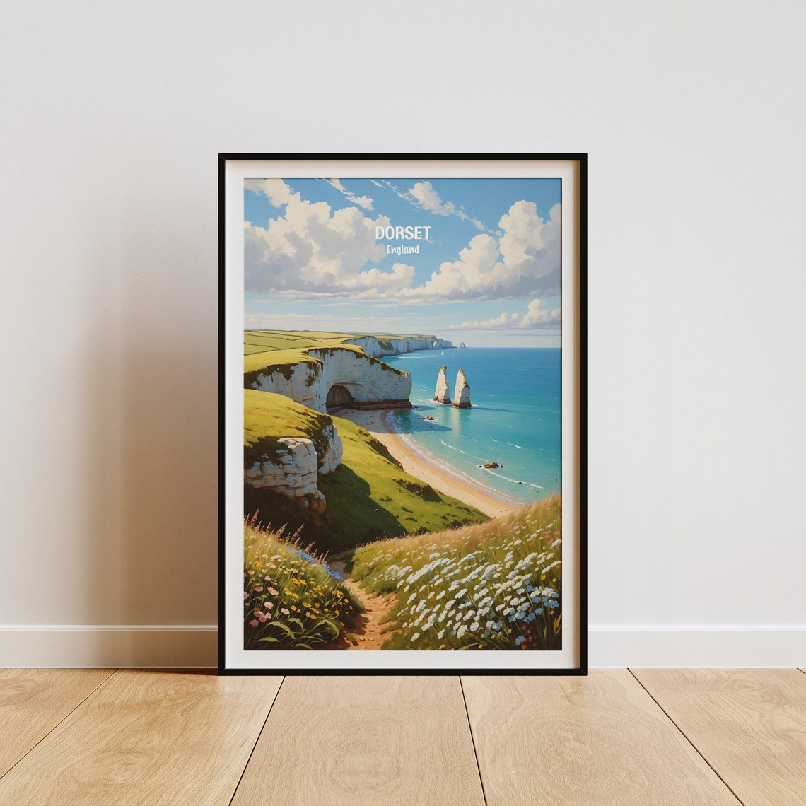 Dorset Chalk Cliffs Sea Stacks Coastal England Travel Poster