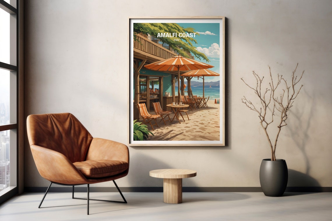 Amalfi Coast Italy Sandy Beach Bar With Striped Umbrellas Poster - Image 2