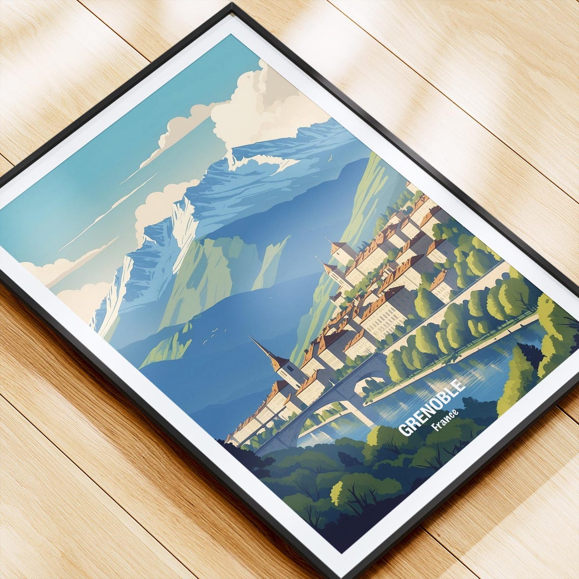 Grenoble France Old Town Bridge Snow Capped Alpine Peaks Poster - Image 4