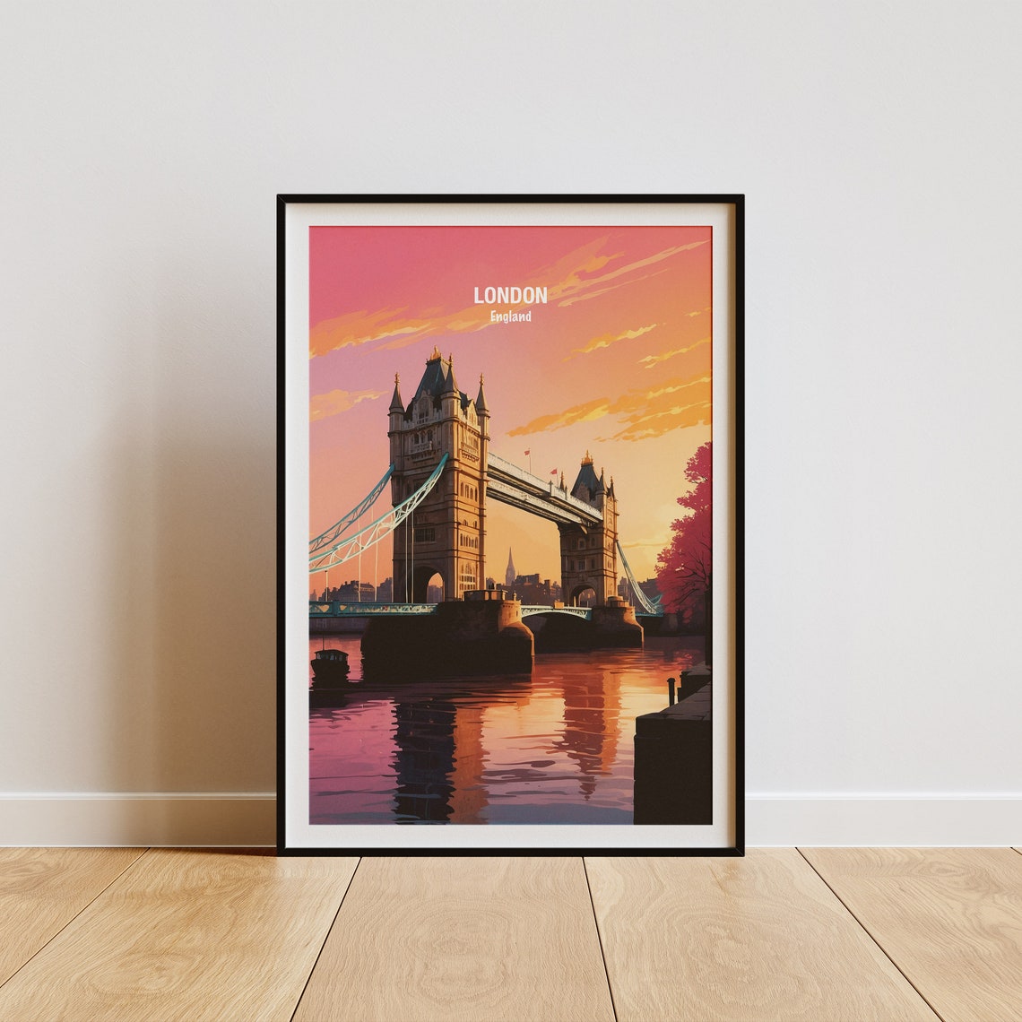 London Tower Bridge at Sunset Pink Sky Thames Reflection Poster
