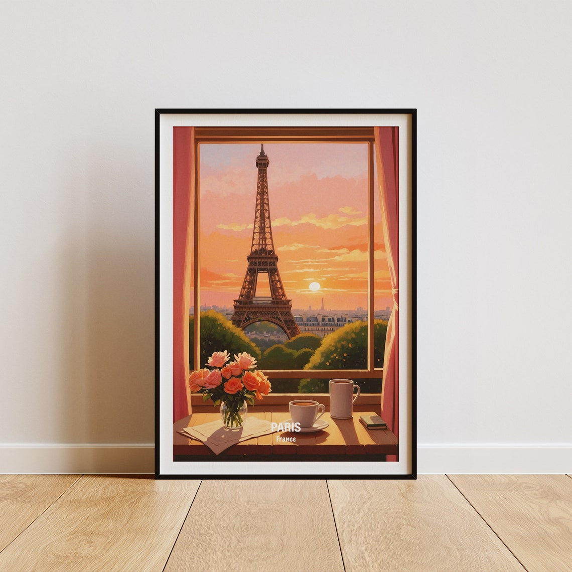 Paris Eiffel Tower Window View Coffee Cups Roses Sunrise Poster