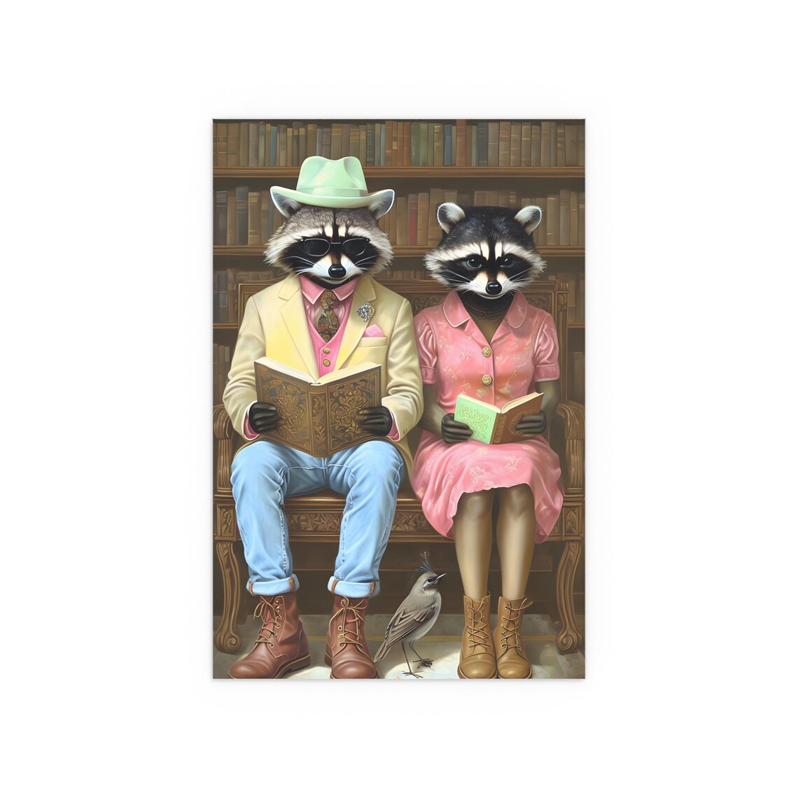 Charming Raccoon Couple Reading Books Together in a Library Poster