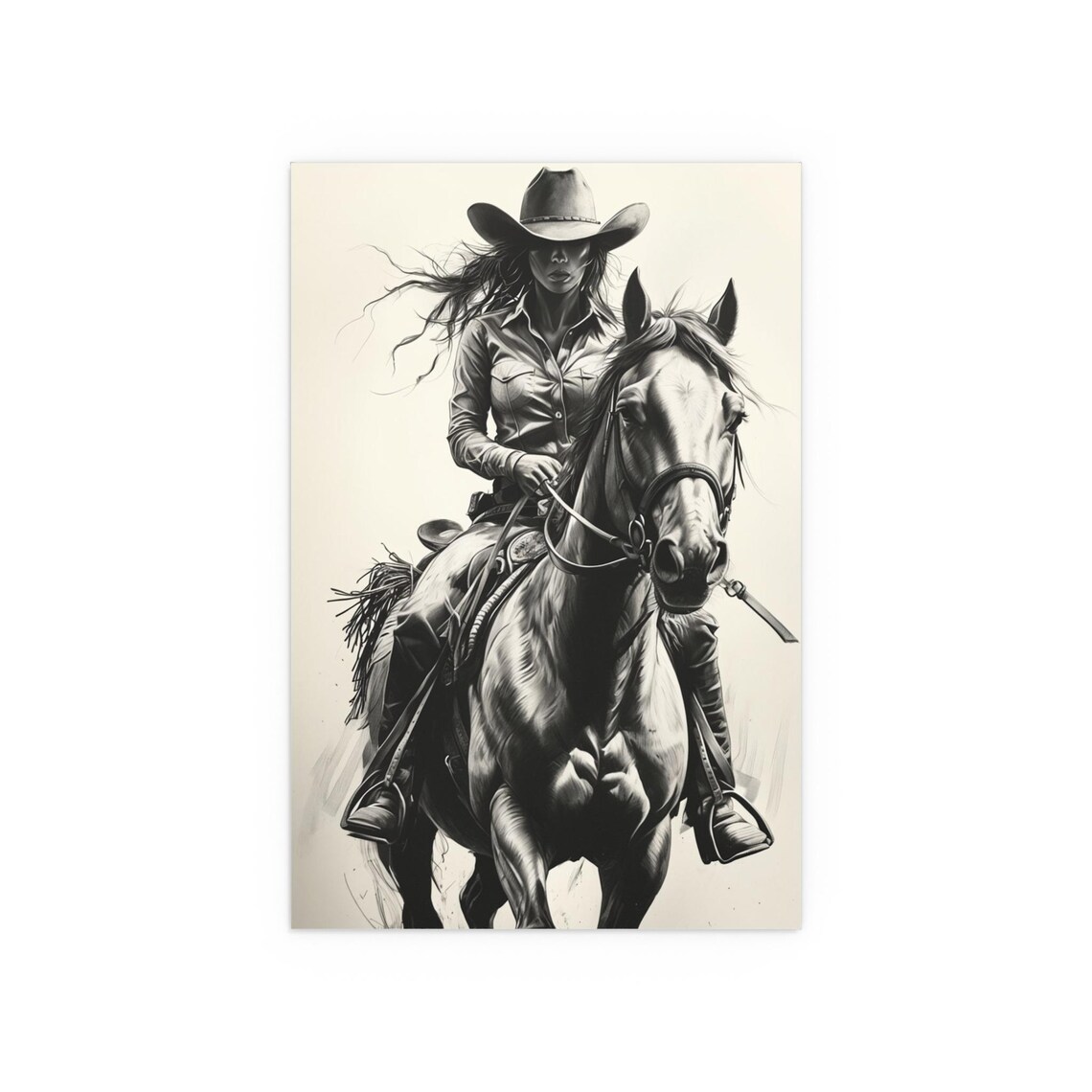 Cowgirl Riding a Galloping Horse Black and White Sketch Poster