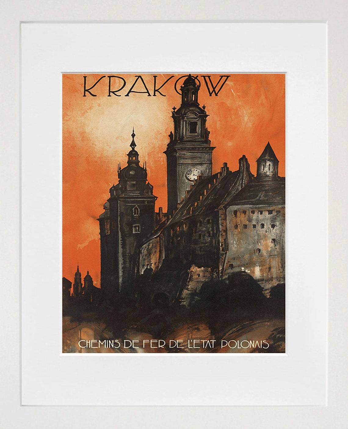 Krakow Vintage Polish Railway Travel Poster with Wawel Castle Sunset