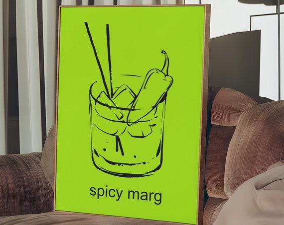 Spicy Marg Print Brat Style Cocktail Poster Neon Green Bold Typography Print Cocktail Print Home Bar Art Kitchen Decor Brat Green Poster