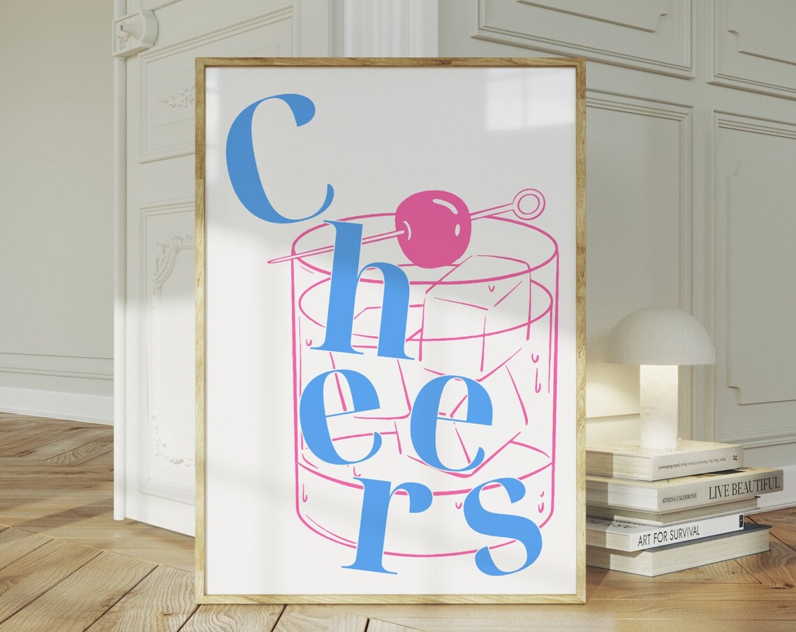 Cheers Blue Typography Pink Cocktail Glass Cherry Home Bar Poster