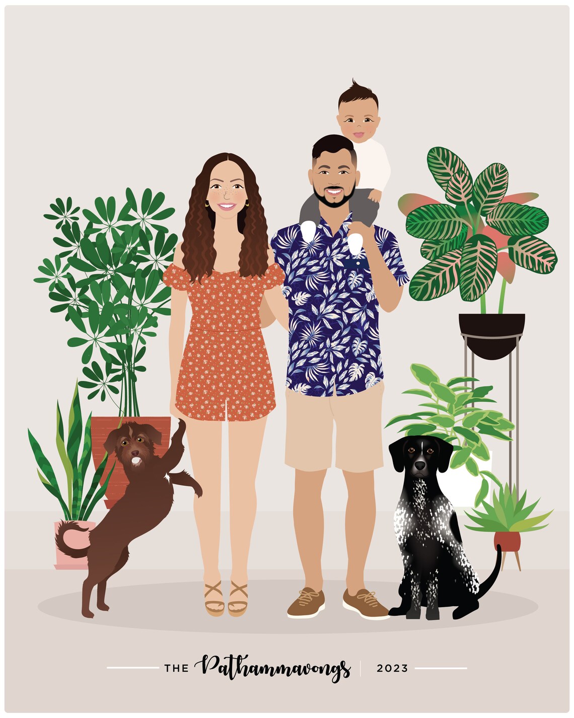 Family Illustration, Hand Drawn Portrait With Pets