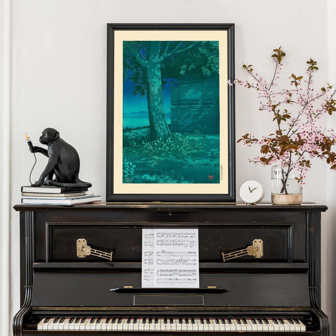 Japanese Night Tree Shrine Dark Blue Woodblock Style Art Poster - Image 3