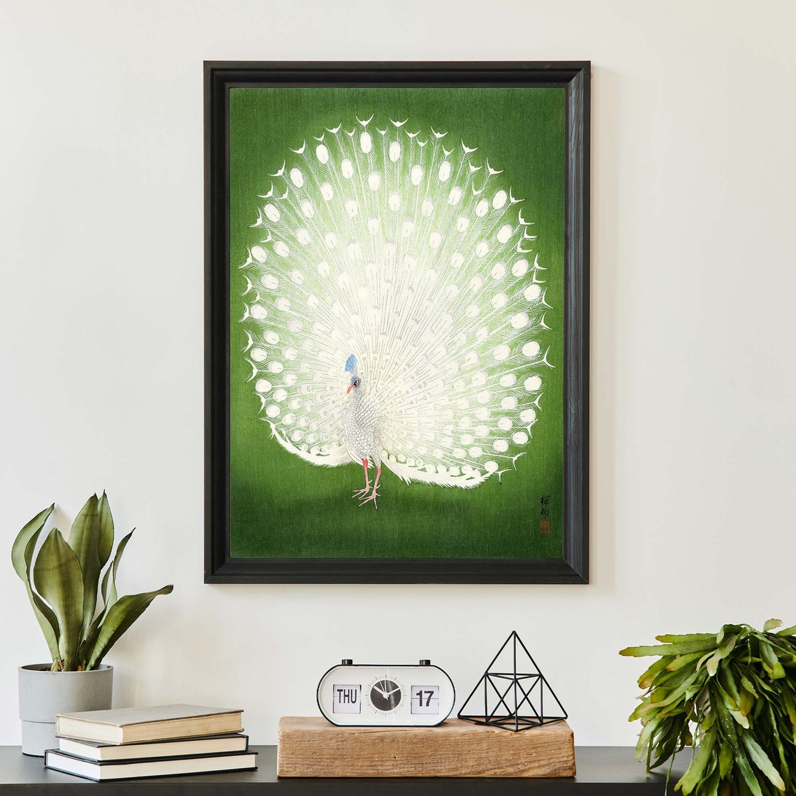 Ohara Koson White Peacock Displaying Full Fan Tail Green Poster - Image 3