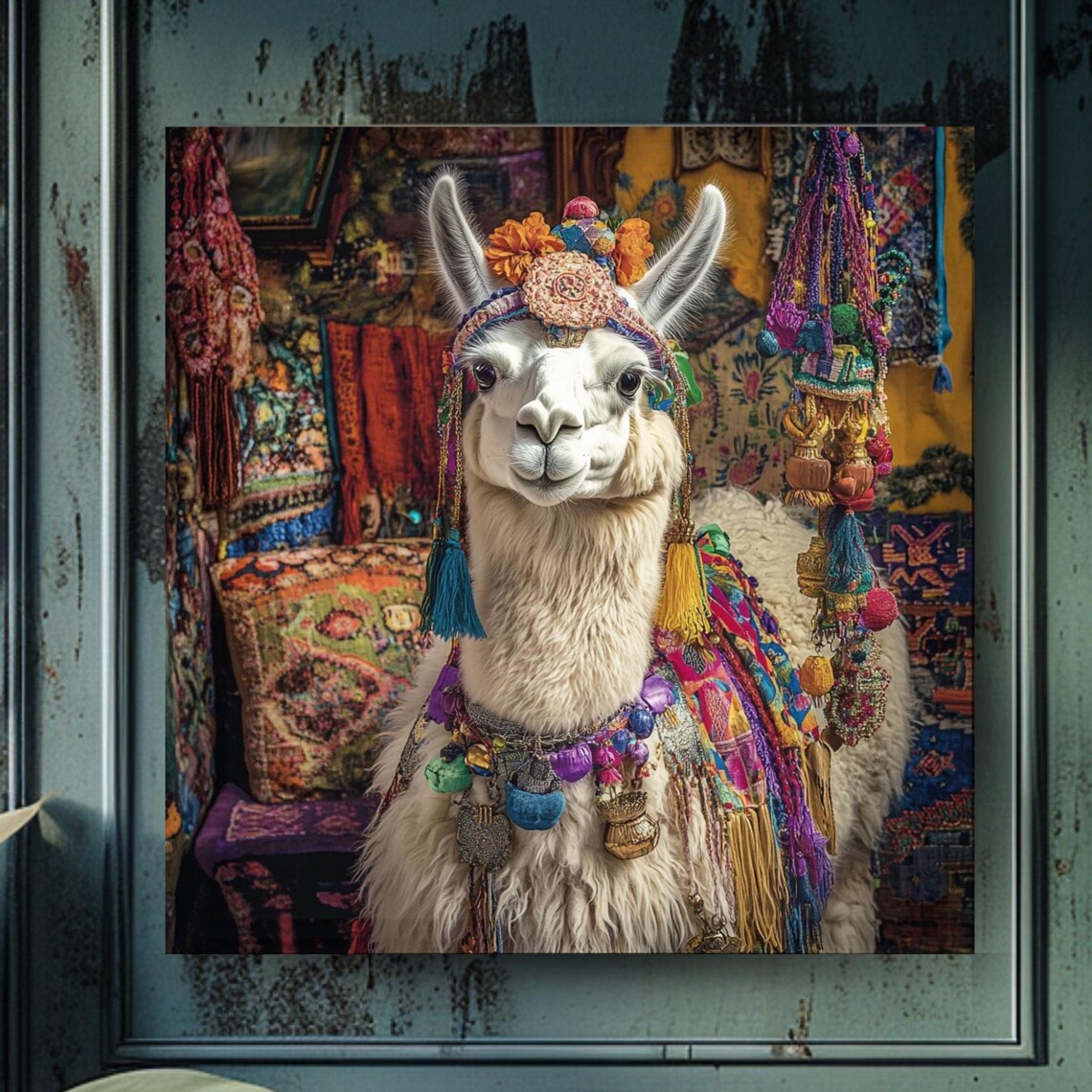 Festive White Llama Dressed in Colorful Woven Textile Decor Poster