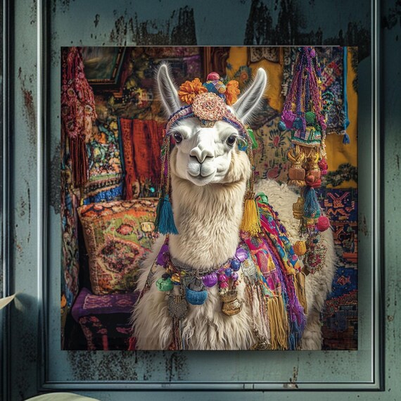 Bohemian Llama Wall Art, Colorful Maximalist Decor