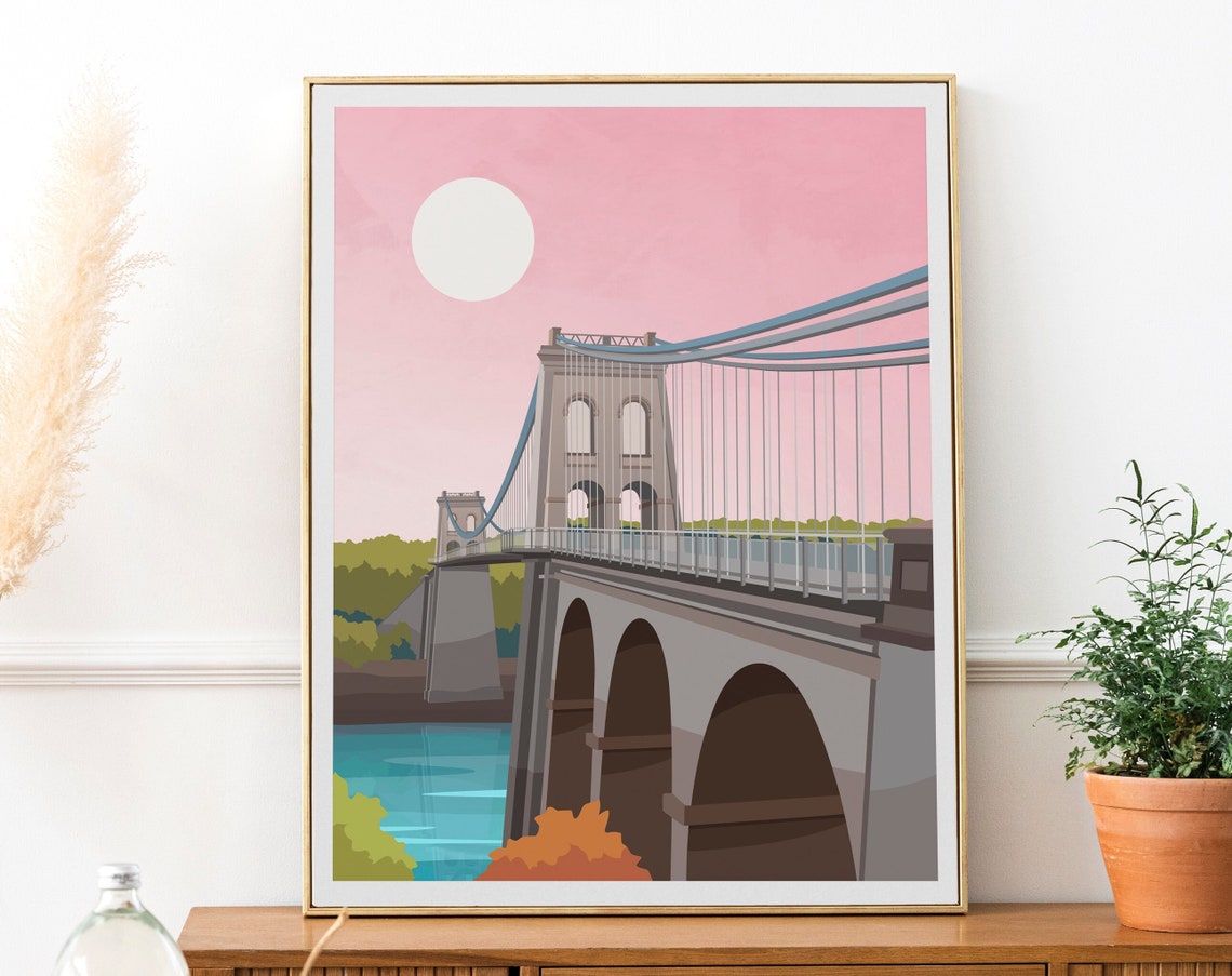 Menai Suspension Bridge at Pink Sunset Wales Romantic Poster