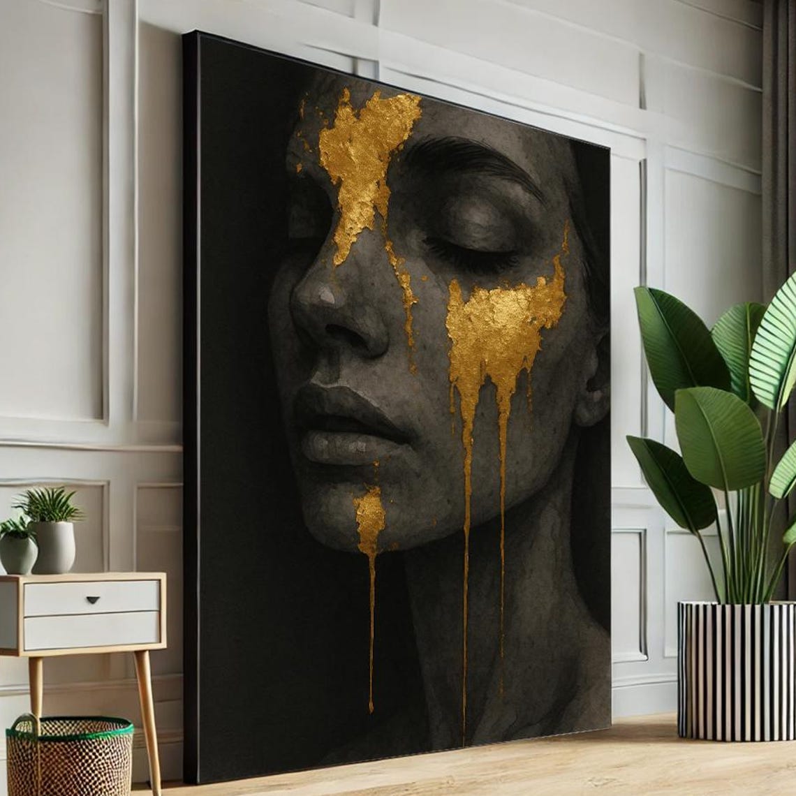 Golden Tears Abstract Face Art Luxury Female Portrait Canvas Gold Drip Wall Elegant Black Background Modern Decor