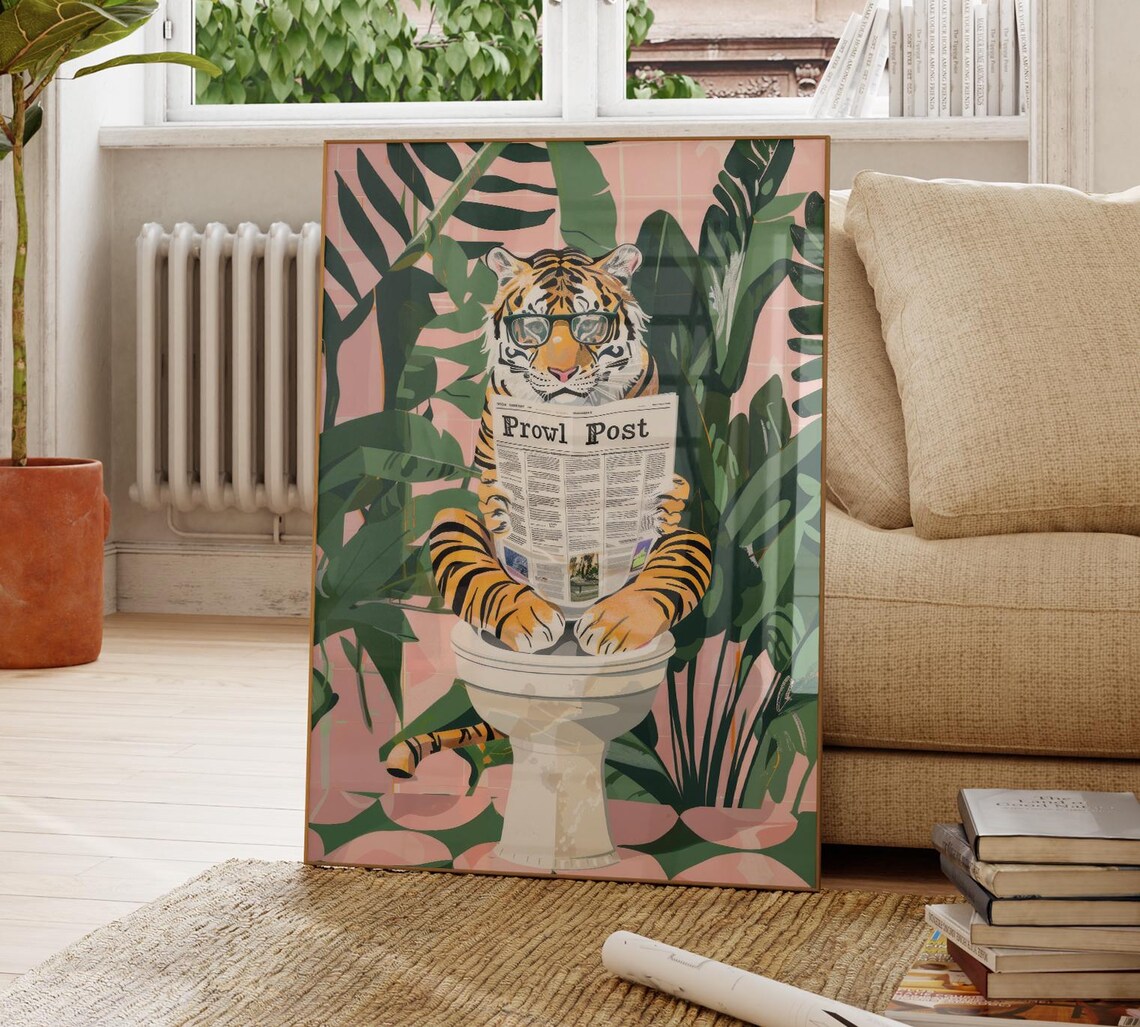 Green Glasses Tiger Reading Prowl Post On Toilet Jungle Funny Poster - Image 4