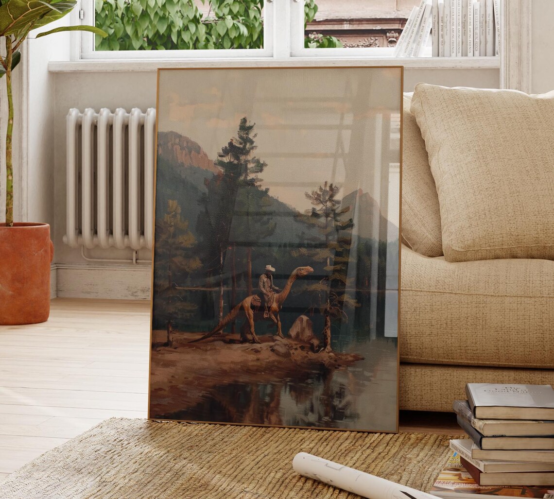 Vintage Dinosaur Cowboy Oil Painting Art Print - Image 4
