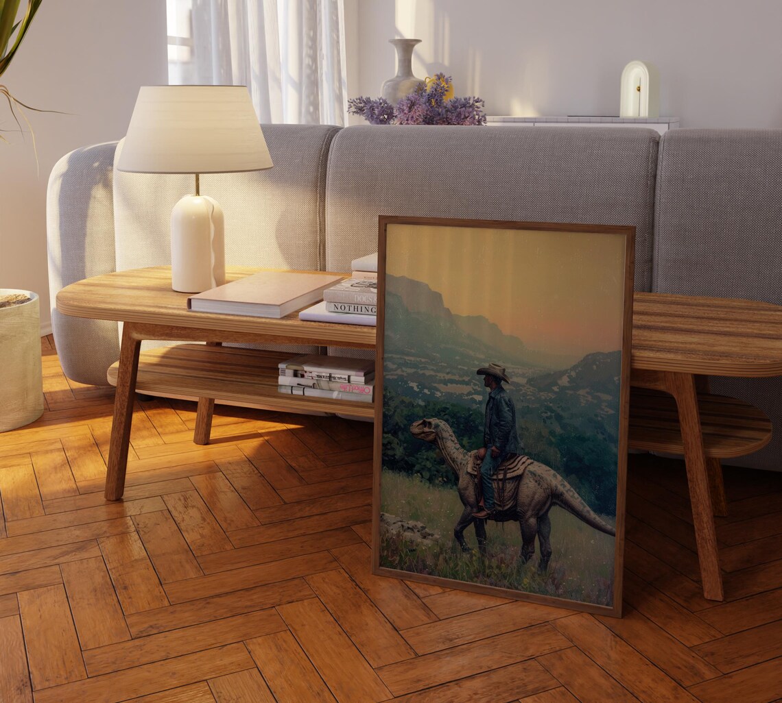 Vintage Dinosaur Cowboy Oil Painting Print, Western Humor - Image 2
