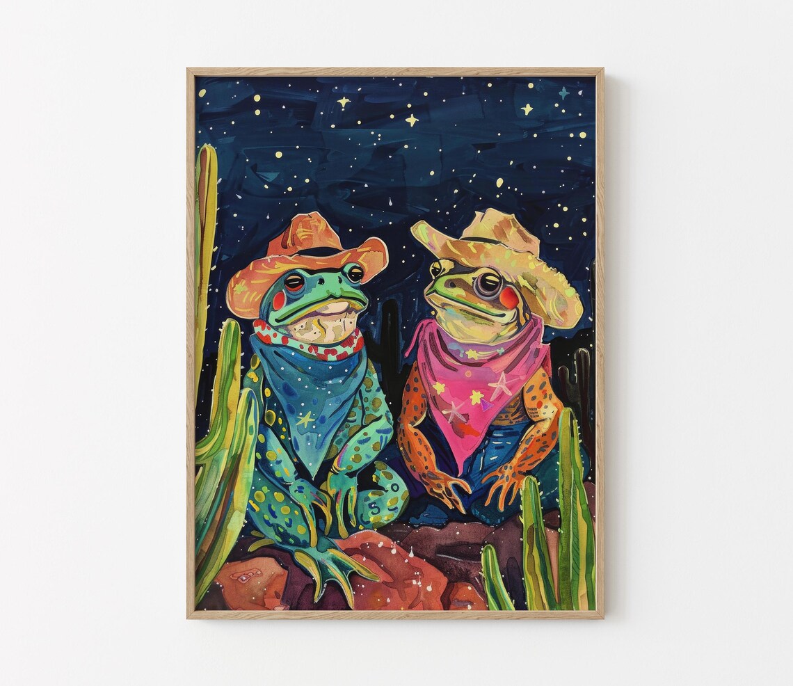Cowboy Frog Oil Painting Art Print, Whimsical Toad