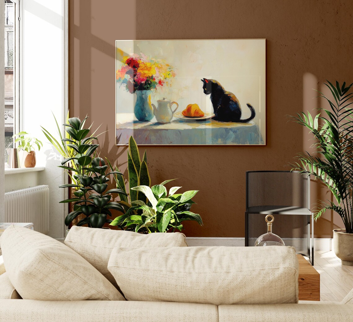 Black Cat in Profile at a Sunny French Cafe Table Painting Print - Image 2