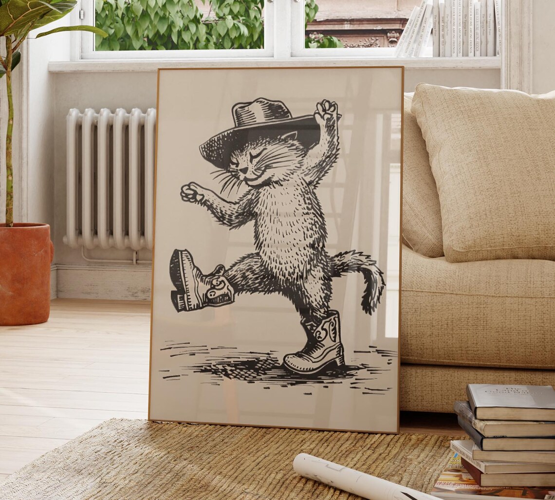 Cowboy Cat Tipping Hat Dance Kick Western Sketch Decor Poster - Image 4