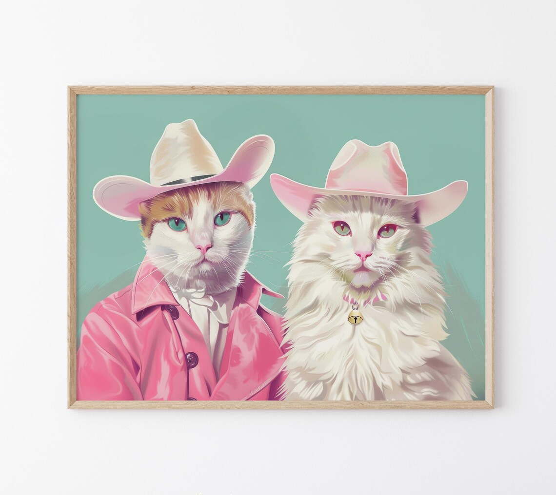 Two White Cowboy Cats in Pink Hats on Teal Background Poster