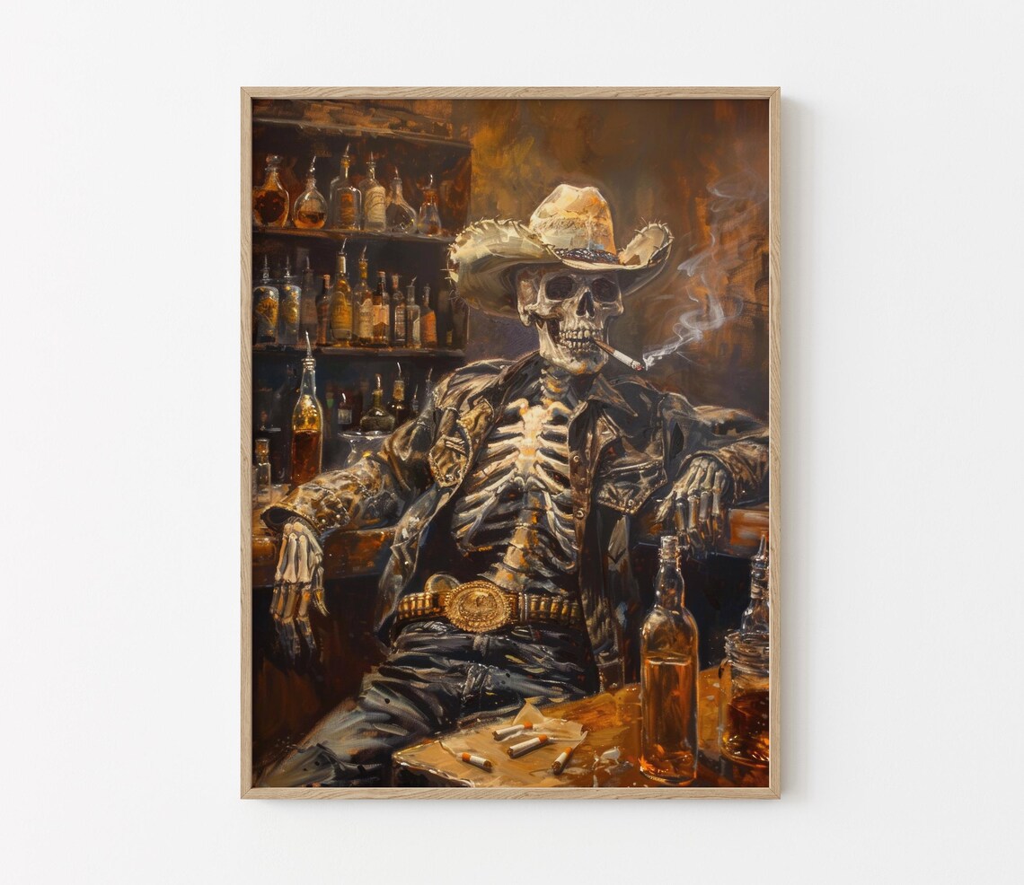 Wild West Remains Skeleton Cowboy Oil Painting Print
