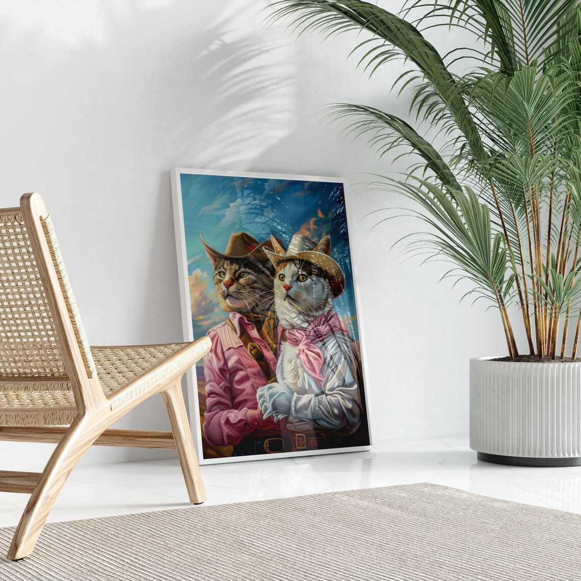 Cowboy Cats Oil Painting Poster with Pink Bandanas at Dusk Sky View - Image 3