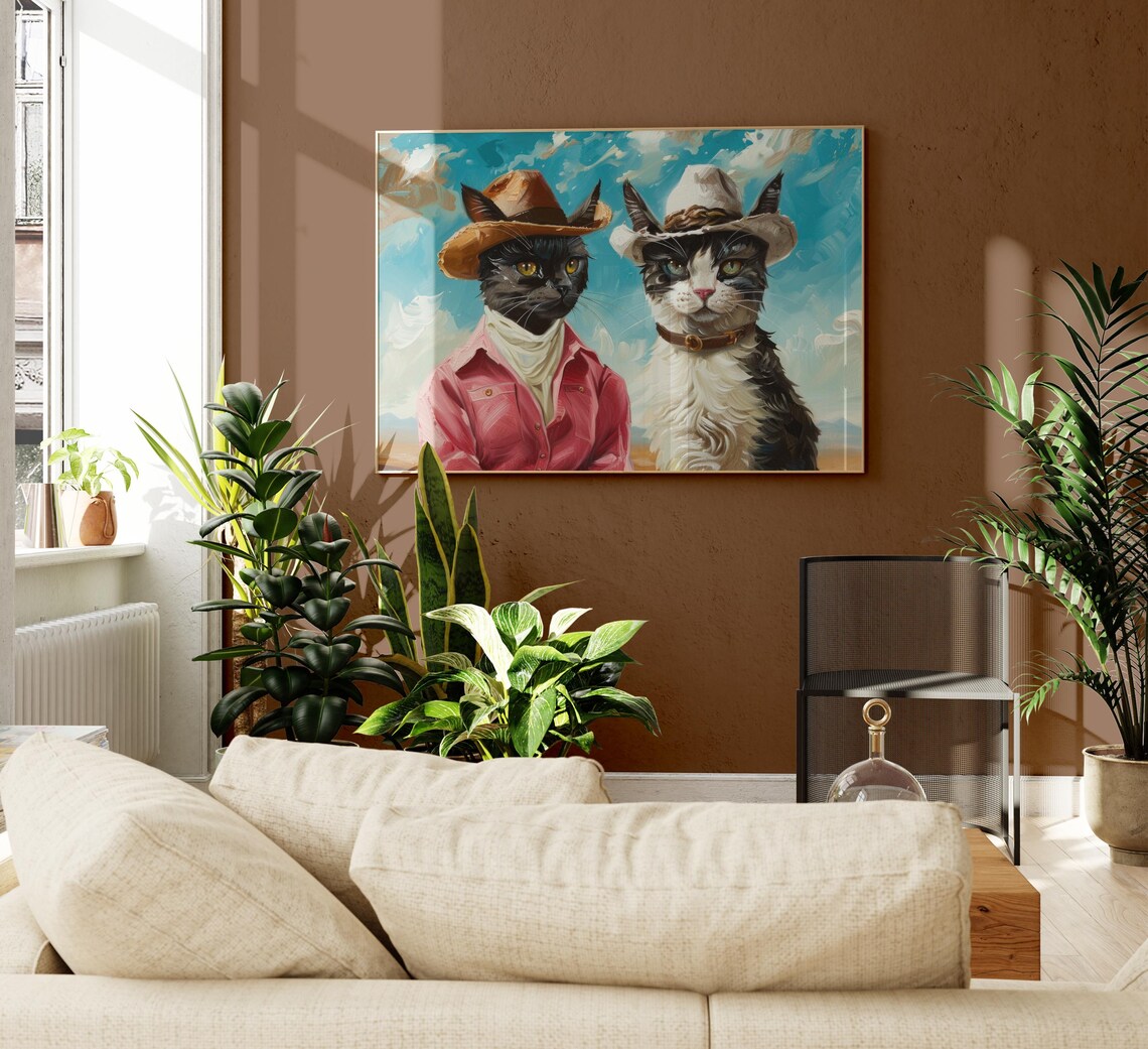 Two Cowboy Cats in Cowboy Hats Under a Desert Sky Painting Poster - Image 2