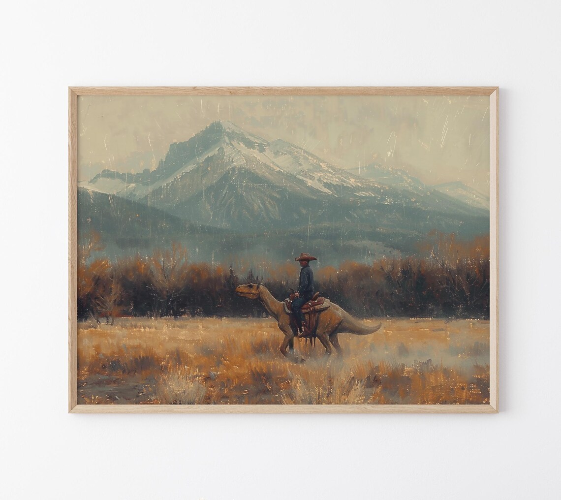Vintage Dinosaur Cowboy, Western Jurassic Art Print