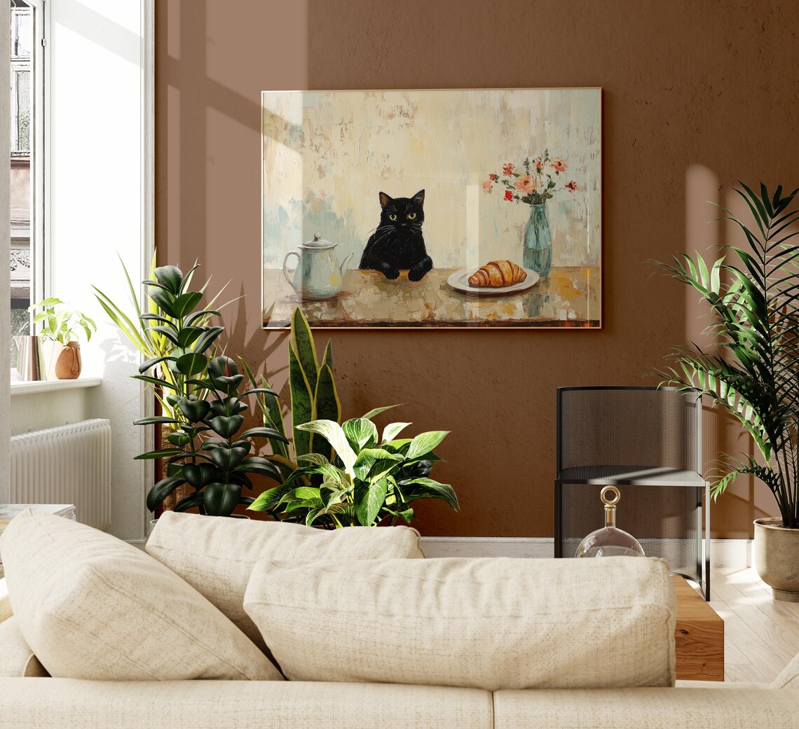 Black Cat at Rustic Wooden Table with Teapot and Croissant Print - Image 2