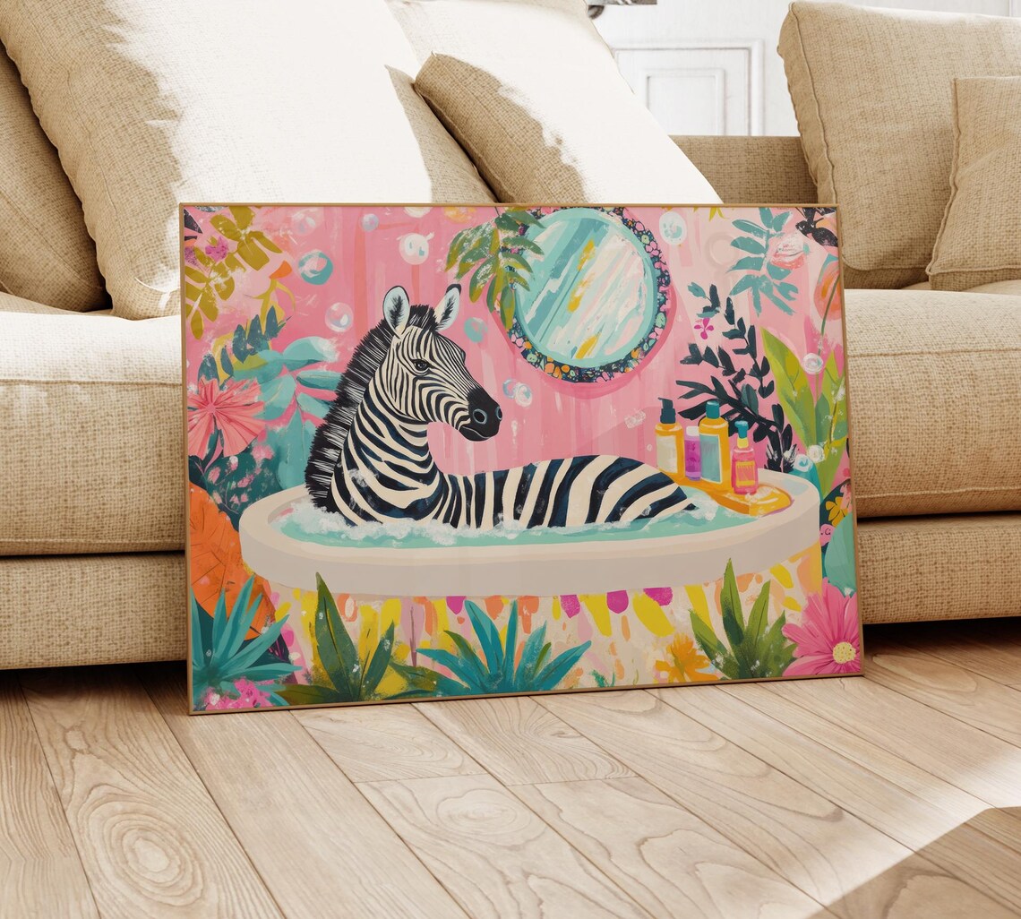 Zebra Lounging Full Length in a Bathtub Pink Tropical Bathroom Poster - Image 4