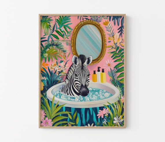 Zebra in a Bubble Bath Under a Gilded Gold Mirror Pink Floral Poster