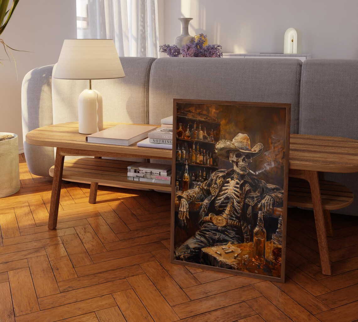 Wild West Remains Skeleton Cowboy Oil Painting Print - Image 2