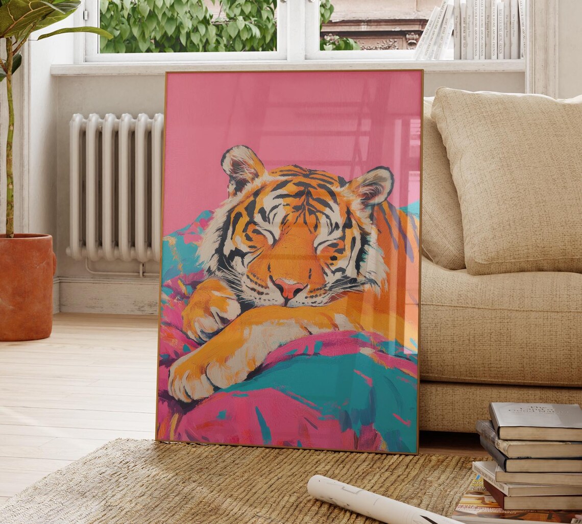 Sleeping Tiger Crossed Paws Pink Teal Blanket Maximalist Poster - Image 4