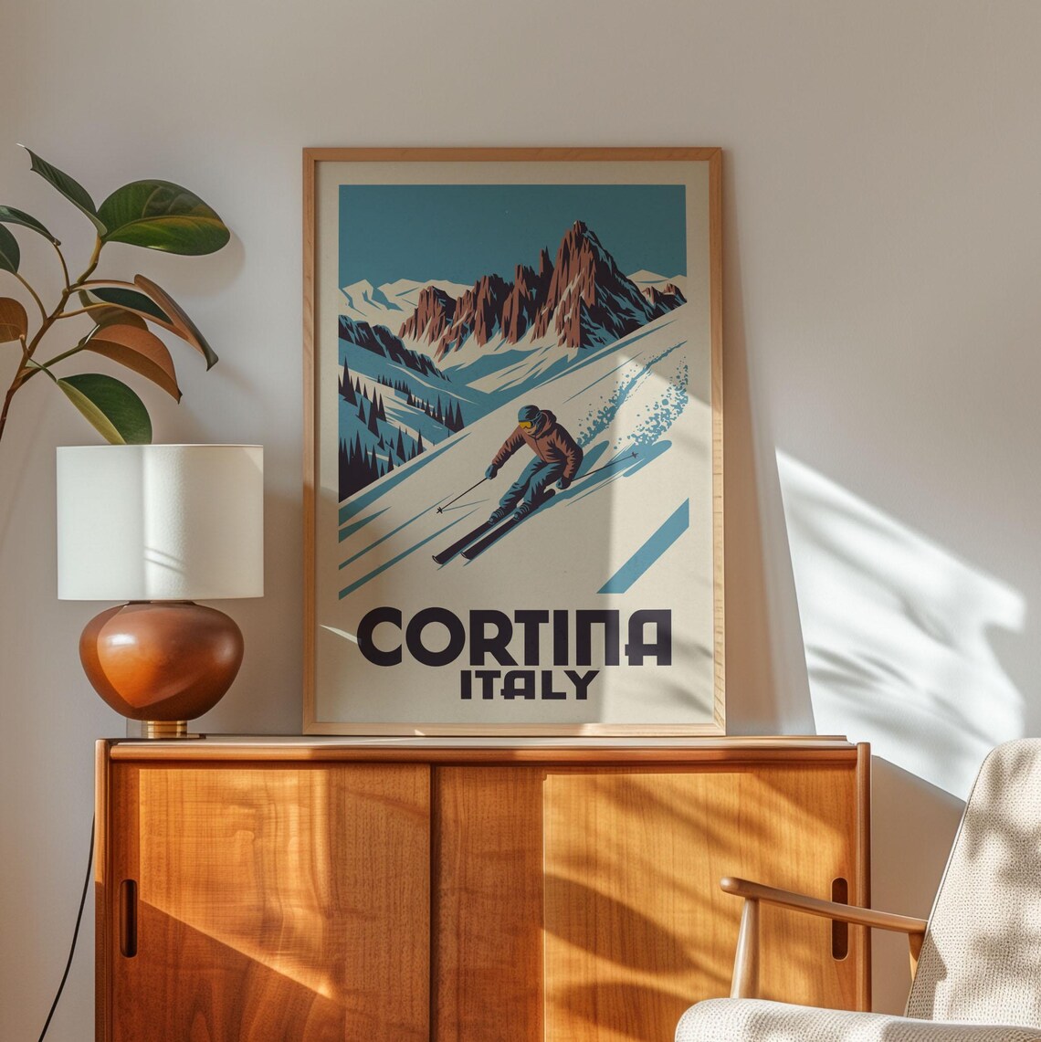 Cortina Italy Alpine Dolomites Skier Vintage Ski Travel Poster