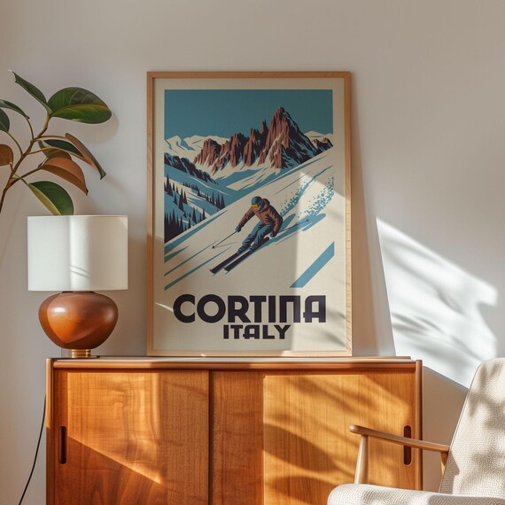 Cortina Italy Alpine Dolomites Skier Vintage Ski Travel Poster