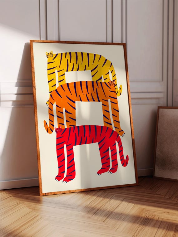 Three Tigers Art Print Home Decor Wall Decoration Gift For Her Kitchen Bedroom And Living Room House Warming Animal Illustration