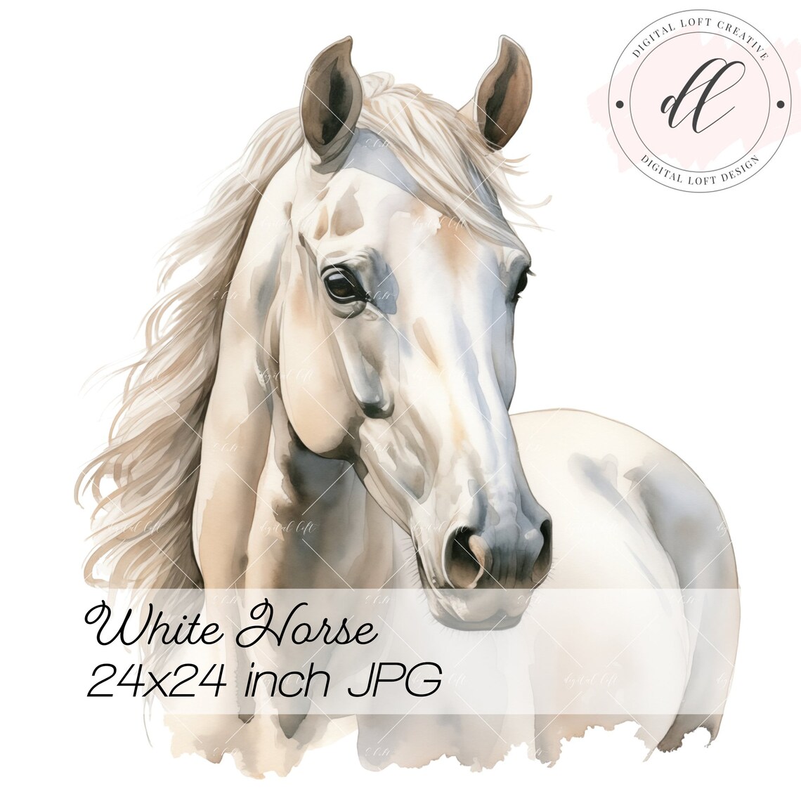 Graceful White Horse Head Close Watercolor Equine Portrait Poster