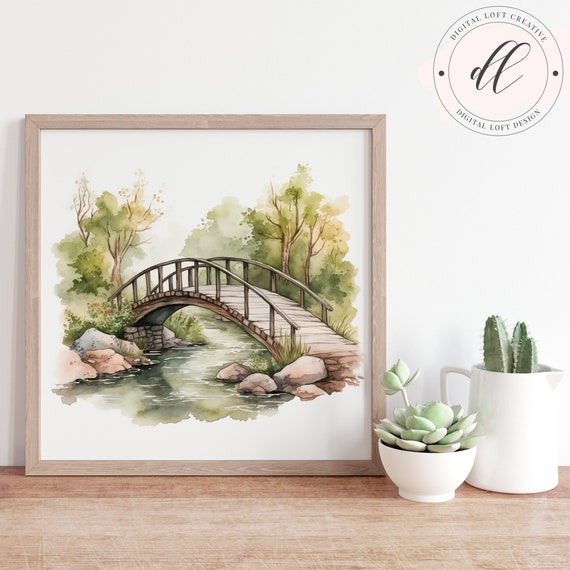 Rustic Wooden Bridge Print Watercolor Stream Landscape Nature Wall Art Tranquil Outdoor Scene Instant Decor