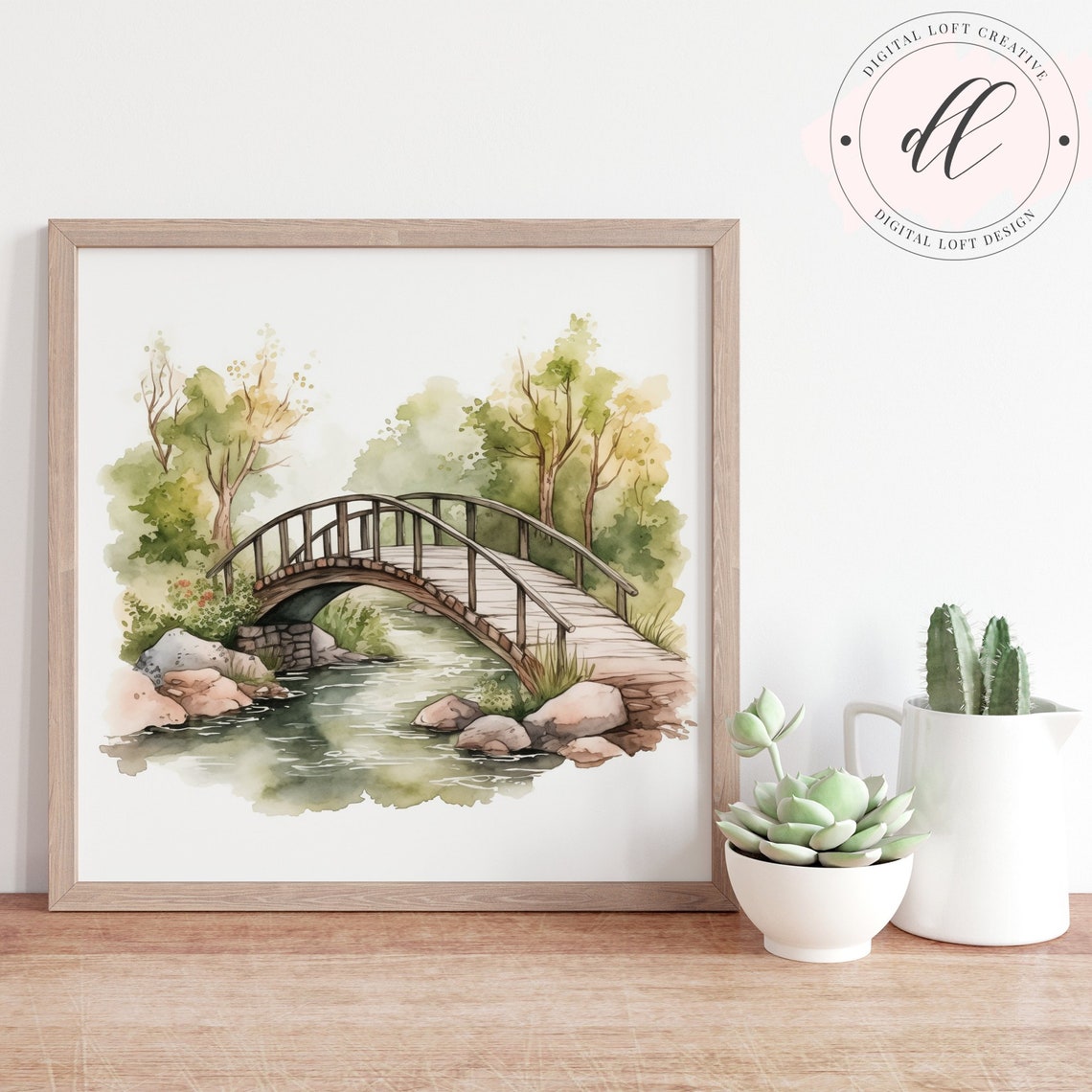 Wooden Footbridge Stream Watercolor Rustic Nature Scene Wall Art