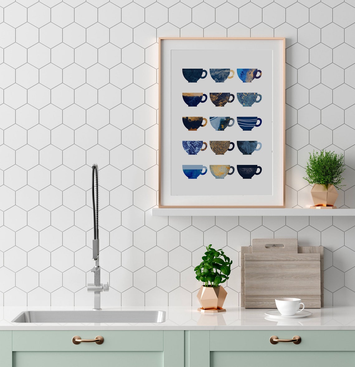 Blue Gold Watercolor Coffee Cups Grid Kitchen Art Deco Poster